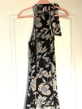 Fashion Union Black Halter Midi Dress with White and Pale Blue Floral Print